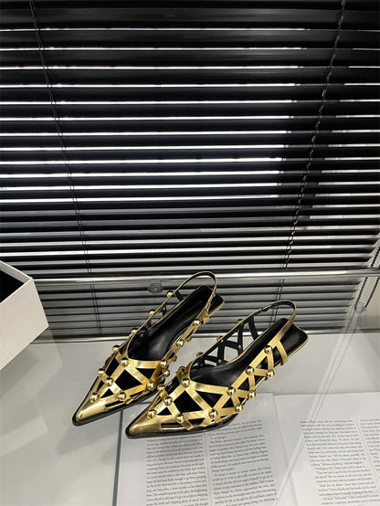 Kitten Heels  style simple niche rivet hollow pointed shallow mouth stiletto back empty closed toe pumps heel belly