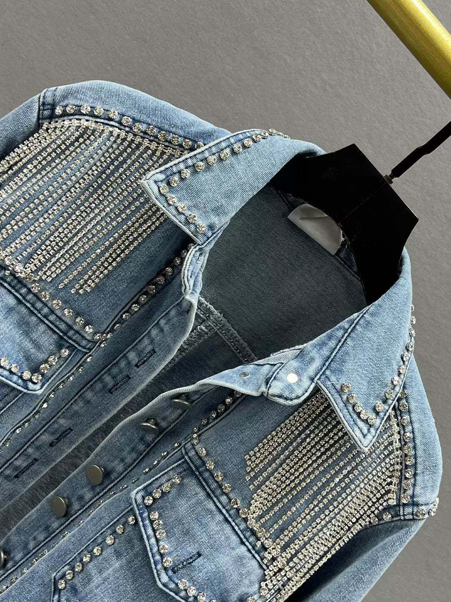 SFH  Tassel denim jacket for women trendy acket new slim fit heavy diamond-studded short jacket denim jacket