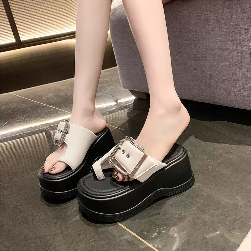 SFH 8 cms high heel High-end metal belt buckle, fashionable 8cm thick-soled platform sandals and slippers for women, new summer style outer wear slip ons