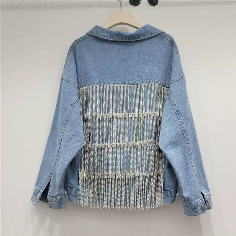 Heavy-duty tassel diamond-studded denim jacket for women new loose casual slim denim jacket