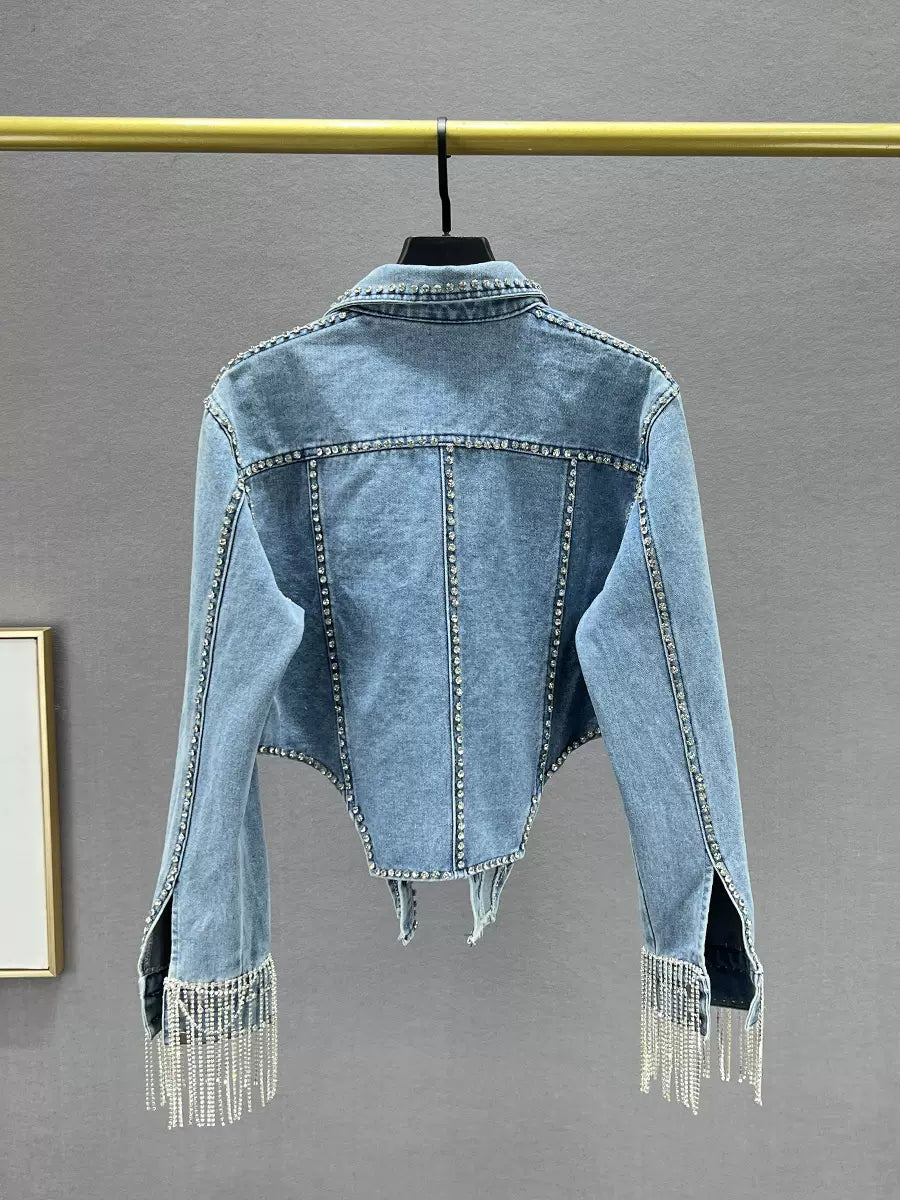 SFH  Tassel denim jacket for women trendy acket new slim fit heavy diamond-studded short jacket denim jacket