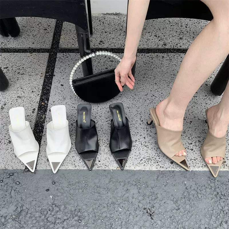 SFH  Summer New Internet Celebrity Fashion Versatile Pointed Open Toe Stiletto Heel Medium Heel Slippers High heel