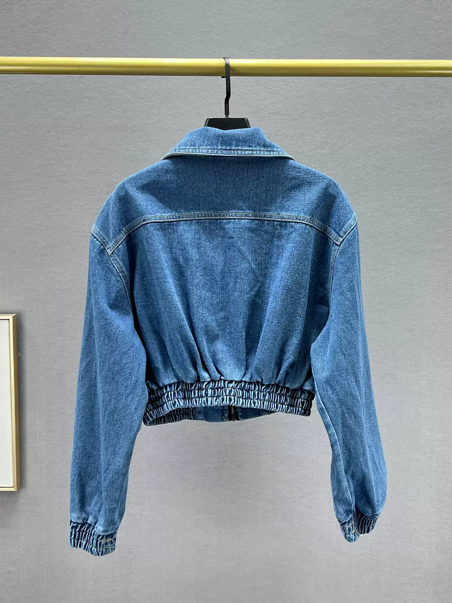 SFH  Diamond-studded denim jacket for women short style 2024 new Rhinestone denim jacket