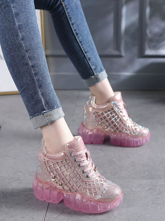 SFH  10cms heel rhinestone inner height increasing women's shoes 2024 new spring and summer heel height shoes casual sports shoes women