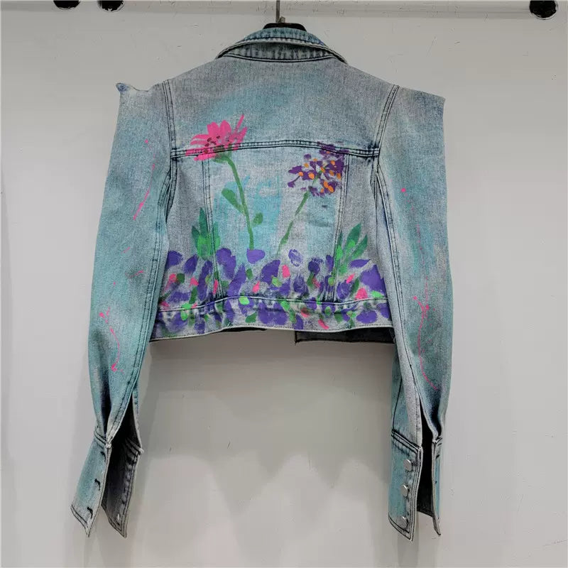 new design fashionable right-angle shoulder heavy hand-painted long-sleeved denim short jacket