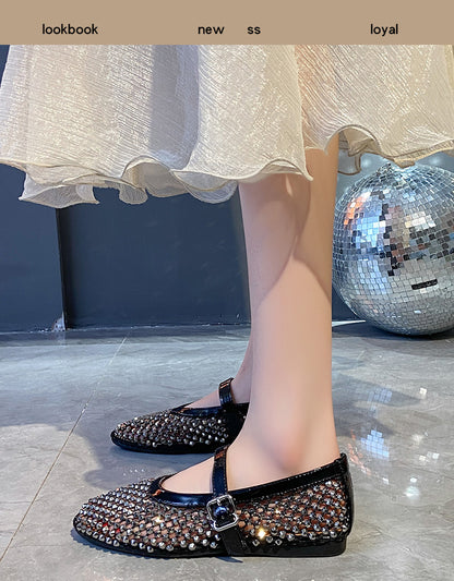 SFH Hollow breathable full diamond Mary Jane shoes for women 2024 summer new temperament French style flat soft bottom with skirt shallow mouth single shoes