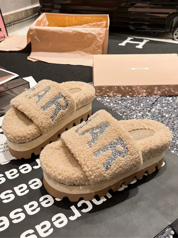 SFH  new rhinestone letter hot-selling sandals for women with outer wear furry shoes slippers for women SAM14