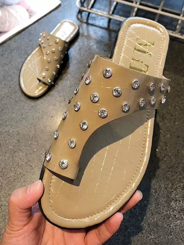 SFH fashionable thong toe casual flat sandals for women's summer outer wear 2024 new side hollow rhinesstones