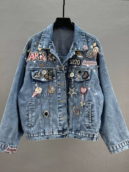 denim jacket for women 2024 spring and autumn new loose large size slim heavy diamond embroidered Denim jacket