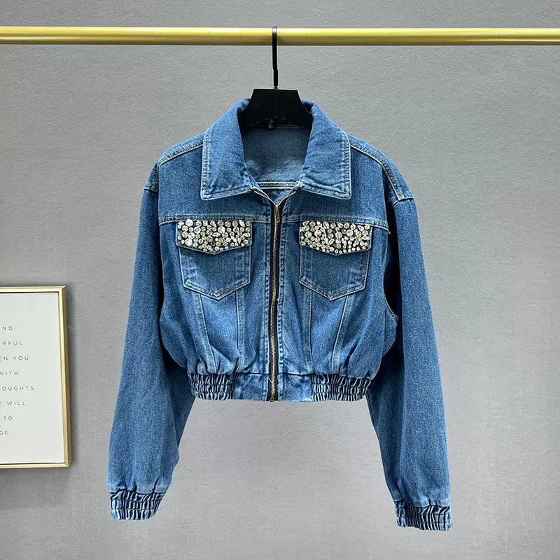 SFH  Diamond-studded denim jacket for women short style 2024 new Rhinestone denim jacket