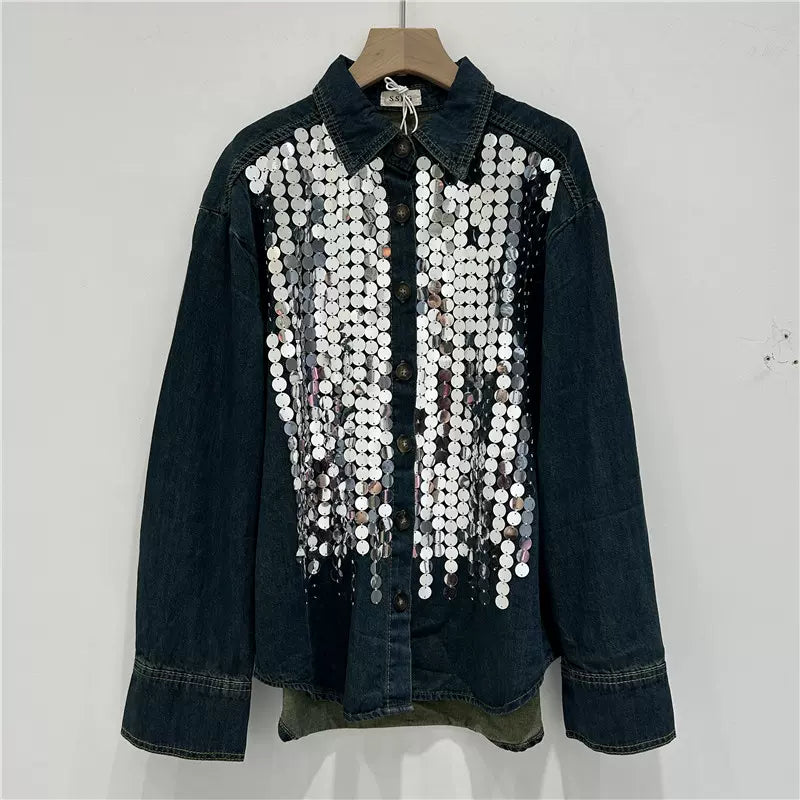 Design heavy sequined street-blasting denim shirt for women 2024 spring new loose shirt oversized Denim Jacket shirt