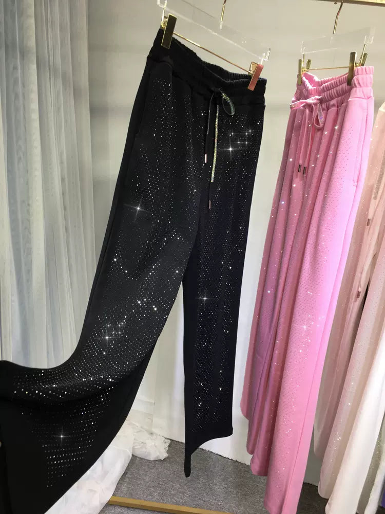 hot diamond wide-leg pants for women, slim black large size vertical pants, straight-leg pants