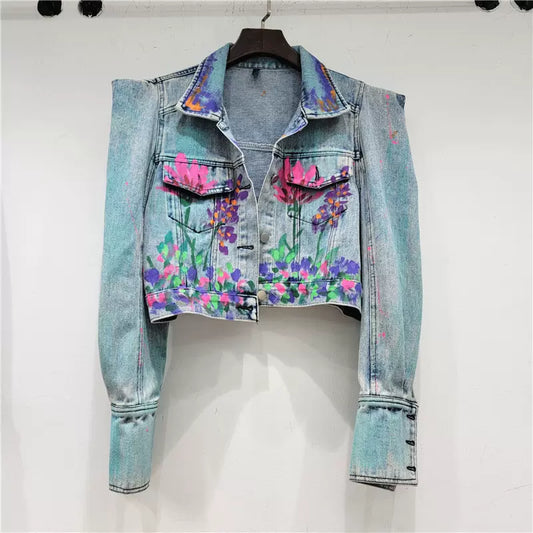 new design fashionable right-angle shoulder heavy hand-painted long-sleeved denim short jacket