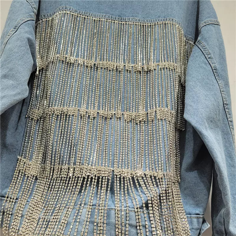 Heavy-duty tassel diamond-studded denim jacket for women new loose casual slim denim jacket