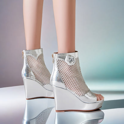 2025 summer new sandals for women fashion colorful rhinestone flowers heel high heel leather mesh boots fish mouth shoes SAM676