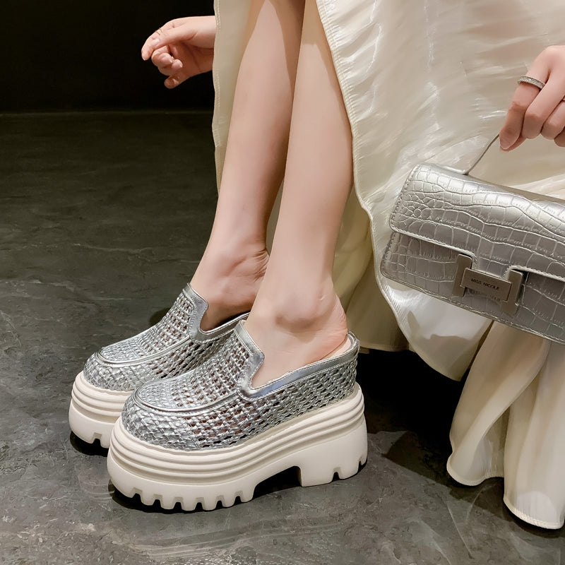 14CMS heel height back open Women's Woven Platform Mules | Chunky Sole Slip-On Shoes SAM340