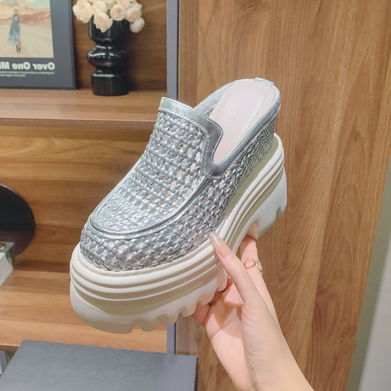 14CMS heel height back open Women's Woven Platform Mules | Chunky Sole Slip-On Shoes SAM340