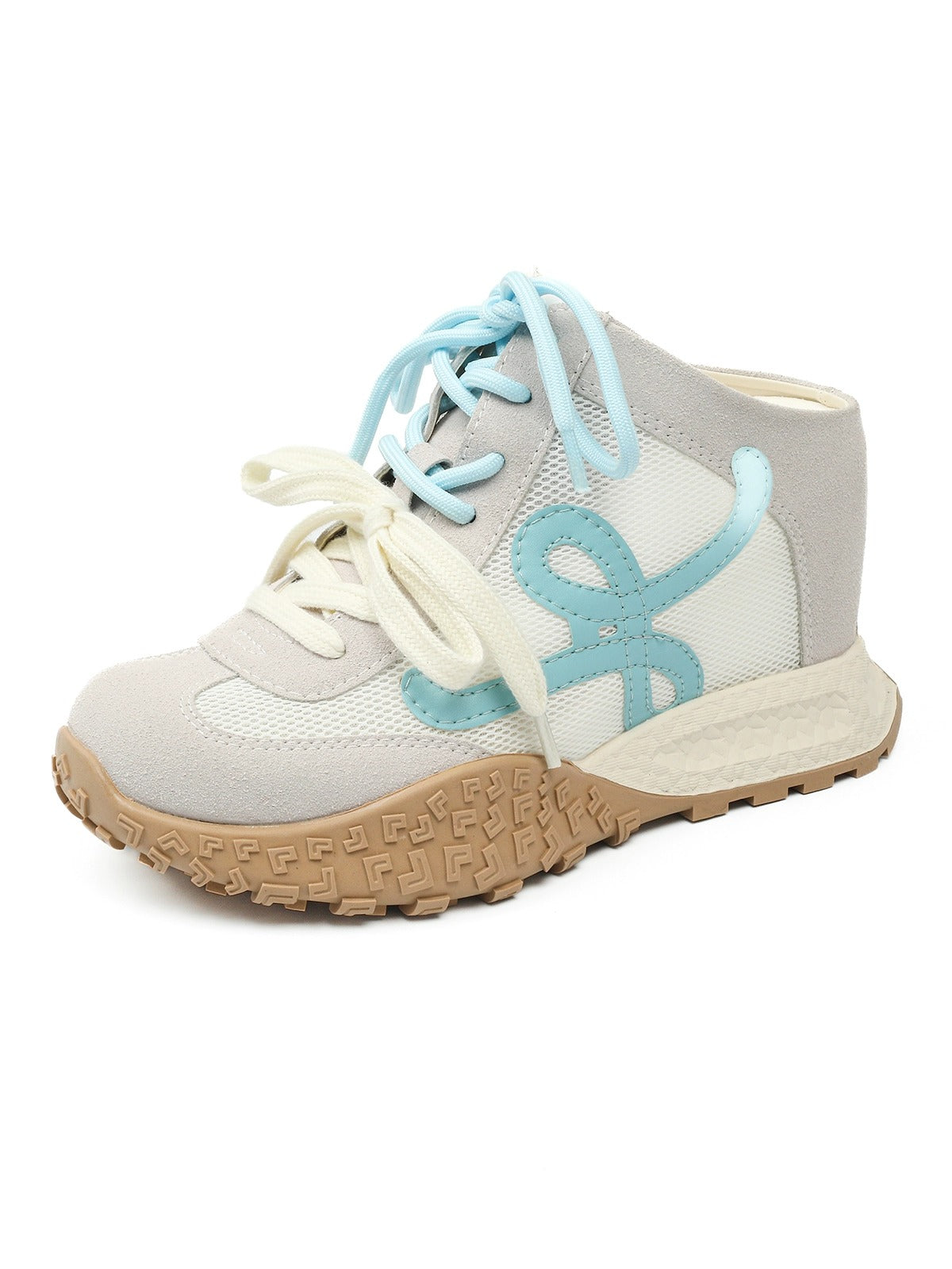 White sneaker with blue laces and sole on a white background