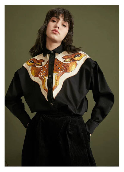 Deer Print Statement Shirt Embroidered