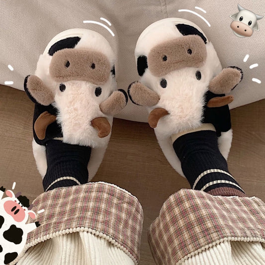 Cute Cow Animal Slipper For Women Girls Fashion Kawaii Soft Fluffy Winter Warm Slippers Woman Cartoon Milk Cow House Slippers Funny Shoes SAM71