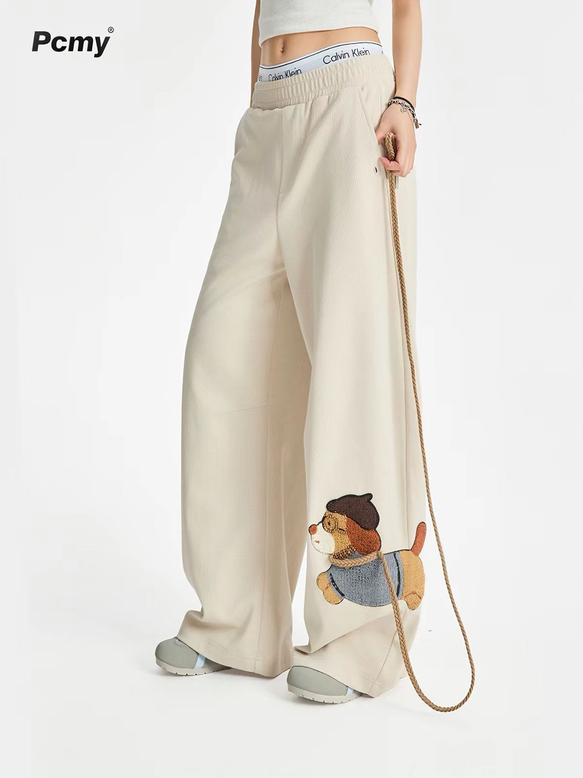 Tame Your Own Dog Wide-Leg Casual Pants with Cute Dog Print & Rope Detail SAM56