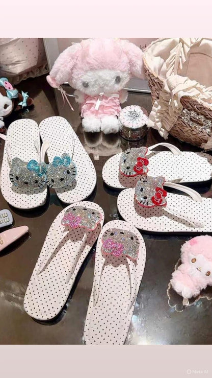 Rhinestone Kitty Flip Flops for Women – Cute Polka Dot Summer Slippers