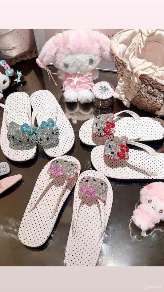 Rhinestone Kitty Flip Flops for Women – Cute Polka Dot Summer Slippers