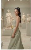 Model wearing gold sculpted buckle belt with sage green dress — side view