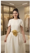 Model wearing gold sculpted buckle belt with ivory dress — front view