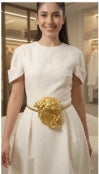 Model wearing gold sculpted buckle belt with ivory dress — full outfit