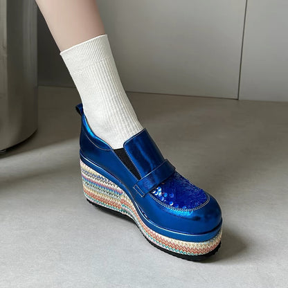 Blue metallic sequin platform wedge loafers with multicolour woven-look sole