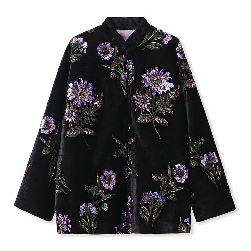 Luxury Floral Sequin and Feather Embellished Black Velvet Jacket SAM902
