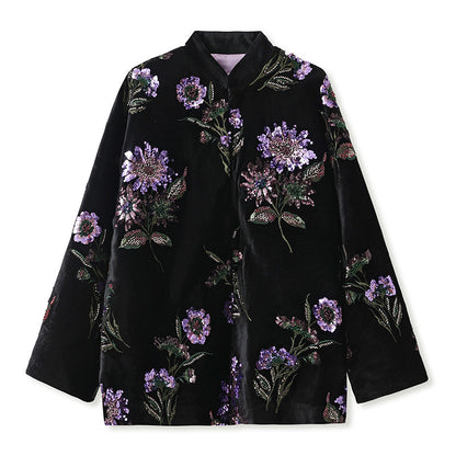 Luxury Floral Sequin and Feather Embellished Black Velvet Jacket SAM902