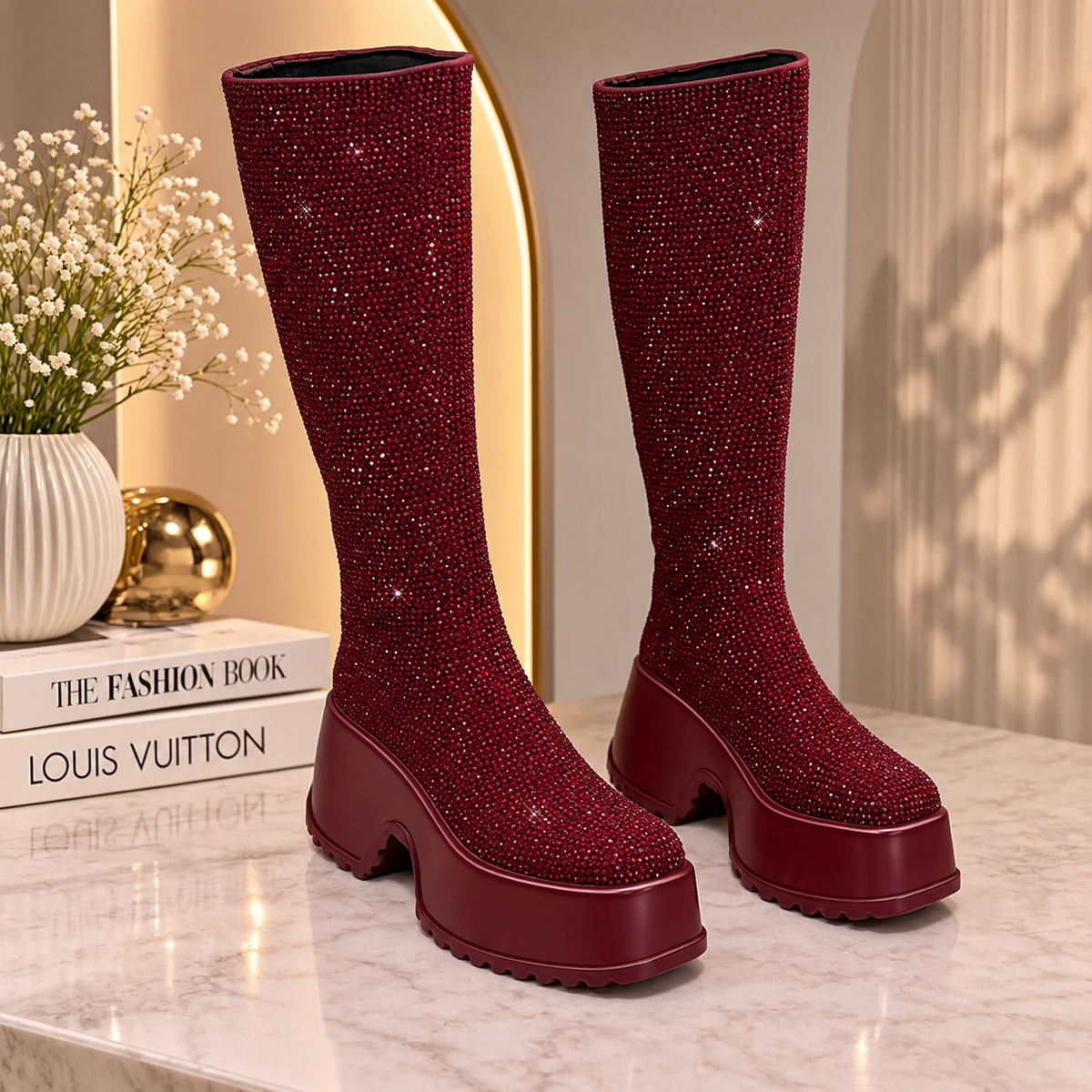 Luxury product feature image of burgundy rhinestone knee-high platform boots on a marble surface