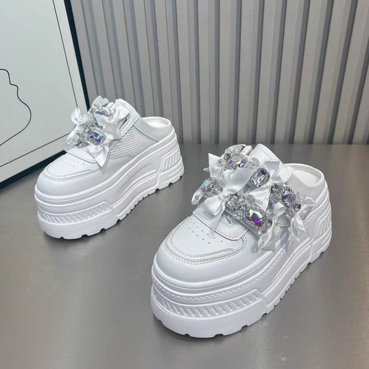 Back open Luxury Crystal Bow Platform Sneakers – White Edition