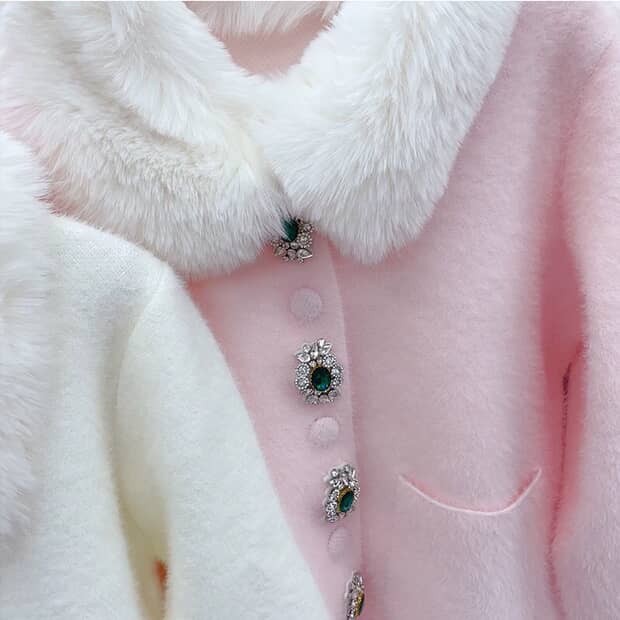 Luxury Faux Fur Collar Cardigan Jacket with Jewel Buttons - White, Pink, Black SAM506