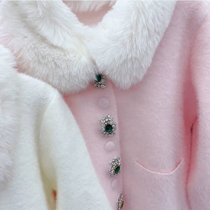 Luxury Faux Fur Collar Cardigan Jacket with Jewel Buttons - White, Pink, Black SAM506