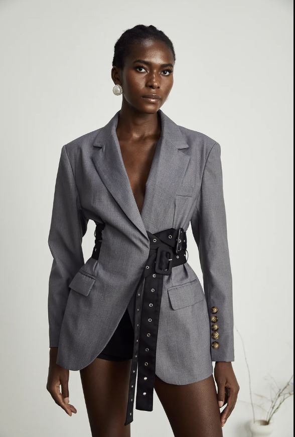 Grey Oversized Blazer Suit with Statement Belt
