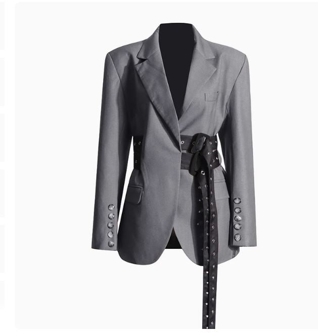 Grey Oversized Blazer Suit with Statement Belted waist coat SAM320