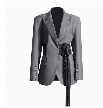 Grey Oversized Blazer Suit with Statement Belted waist coat SAM320