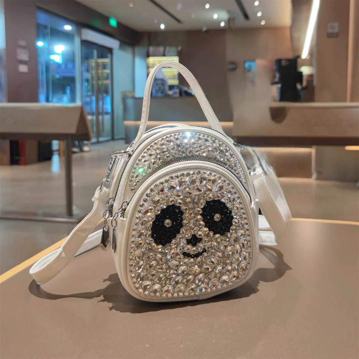 White rhinestone panda mini backpack