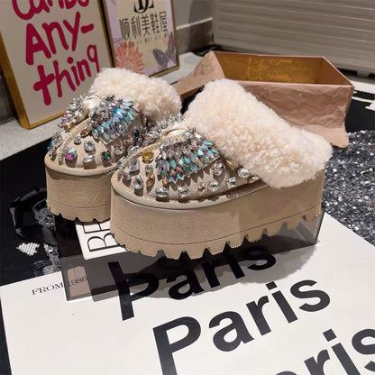 Brown chunky platform slides with fluffy cream straps and colorful crystal rhinestone embellishments