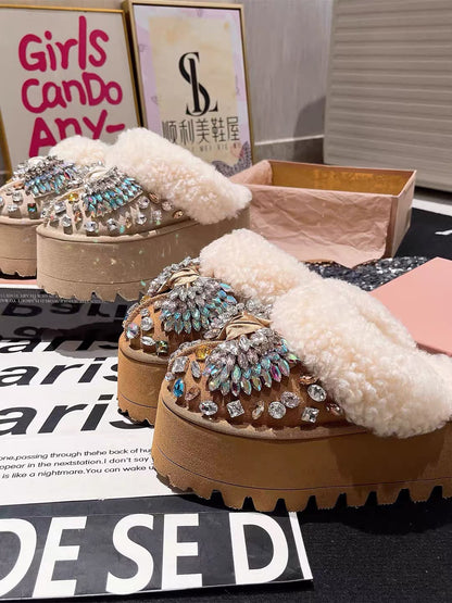 Women's brown crystal rhinestone fur platform slides with sparkling embellishments and chunky soles
