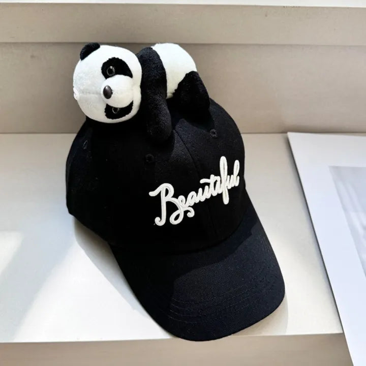 Black baseball cap with panda plush topper