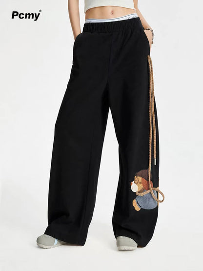 Tame Your Own Dog Wide-Leg Casual Pants with Cute Dog Print & Rope Detail SAM56