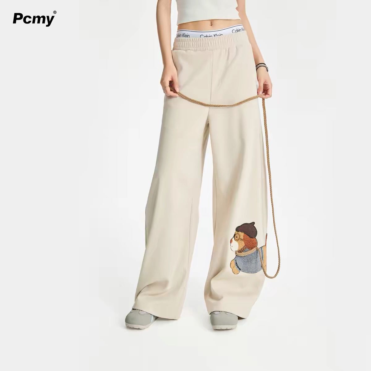Tame Your Own Dog Wide-Leg Casual Pants with Cute Dog Print & Rope Detail SAM56