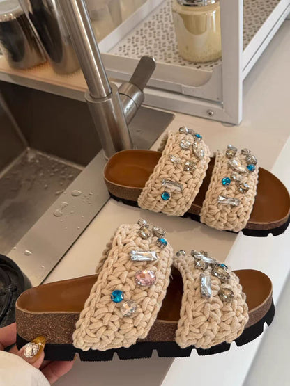 Luxe Handwoven Crystal Embellished Double Strap Slides – Beige