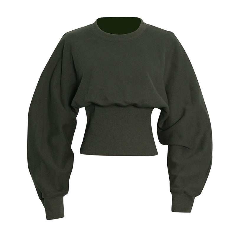 Dark Green Round Neck Pullover Commuter Waist Trimming Short Sweater SAM71