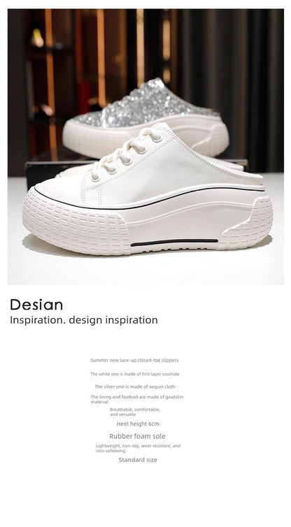 Women's White Platform Mule Sneakers – Chunky Slip-On Canvas Shoes | back open