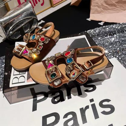 Luxury Crystal Embellished Flat Sandals for Women